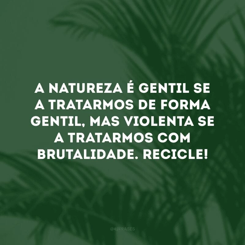 A natureza é gentil se a tratarmos de forma gentil, mas violenta se a tratarmos com brutalidade. Recicle!
