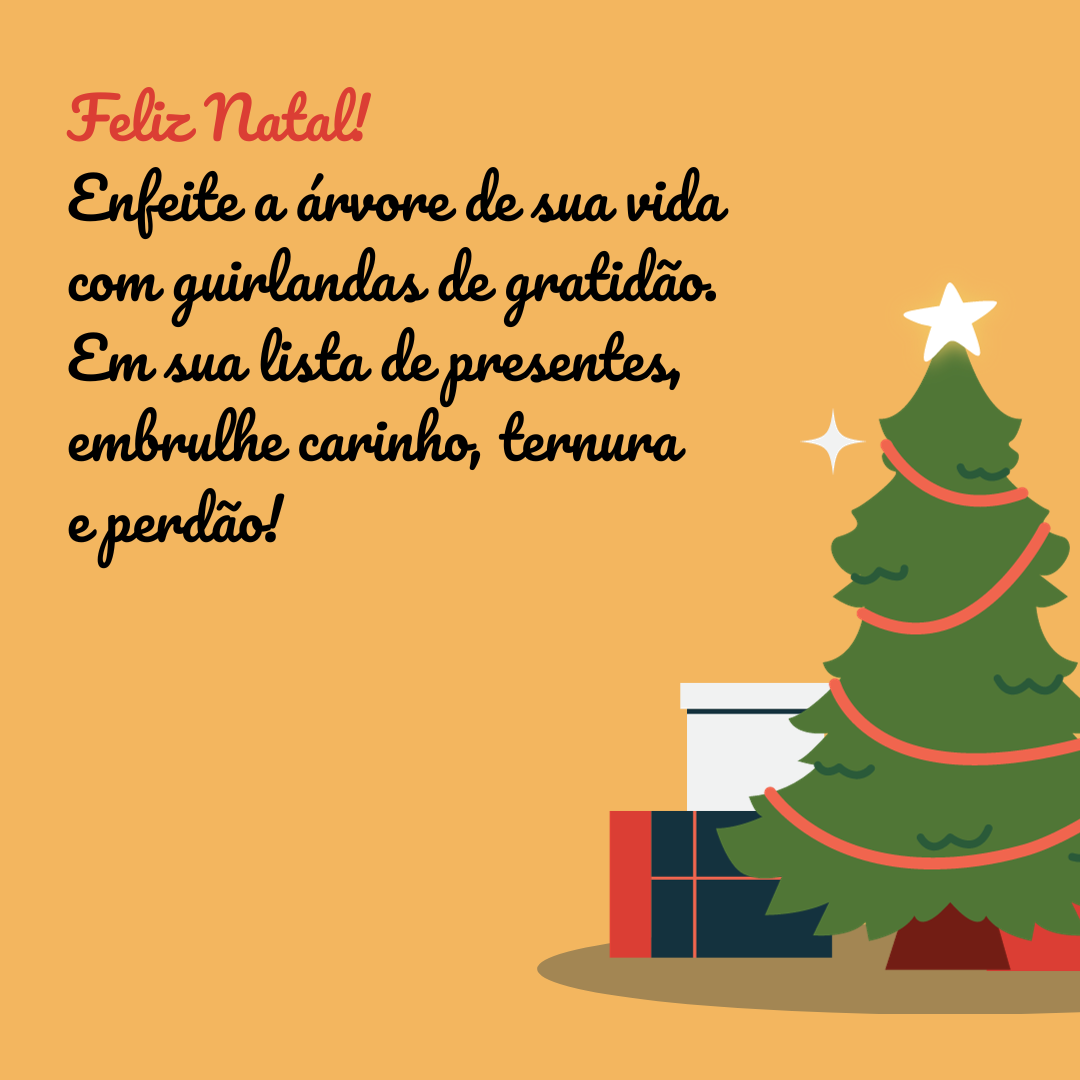Feliz Natal! Enfeite a árvore de sua vida com guirlandas de gratidão. Em sua lista de presentes, embrulhe carinho, ternura e perdão!